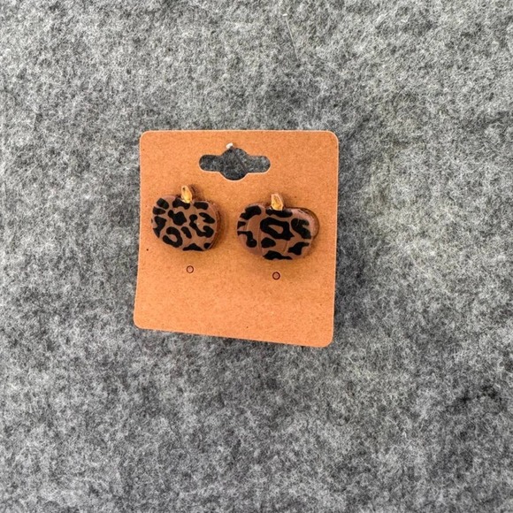 Clay Leopard Print Pumpkin Stud Earrings with Sterling Silver Posts - Picture 2 of 3